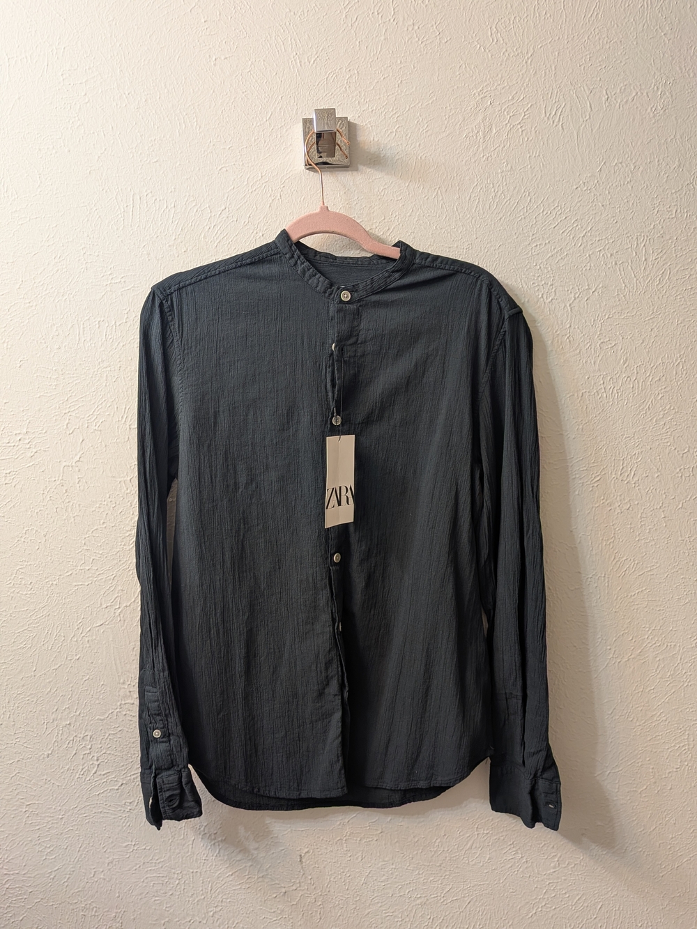Zara Black Textured Mandarin Collar Button-Down Shirt